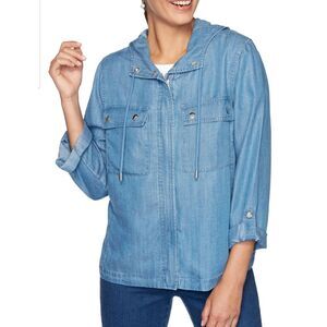 Ruby Rd. Chambray denim Zip Up Blue Tencel Hoodie Roll Tab Sleeve - Sz 8